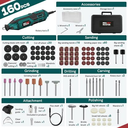 NEU MASTER 180W Rotary Tool Kit, Corded Power Rotary Tools with 160 Accessories and 6 Variable Speed, 10000-35000RPM Electric Drill Set for Handmade Crafting Projects and DIY Creations