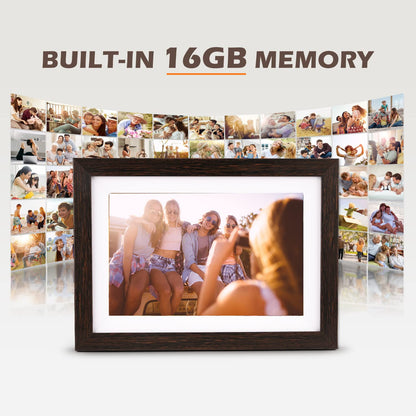 Frameo Digital Picture Frame WiFi 10.1inches Digital Photo Frame, Electronic Photo Frame Load from Phone, 1280x800 IPS Touch Screen HD Display, Auto-Rotate, Share Photos/Video-Great Gift(Brown Wood)