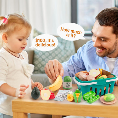 150Pcs Kitchen Playset, Toddlers Pretend Cooking Cookware Accessories, Food, Picnic Blanket, Fruits, Veges, 2Pack Shopping Storage Basket, Dessert and Prop Money, Gift for Kids (Blue)