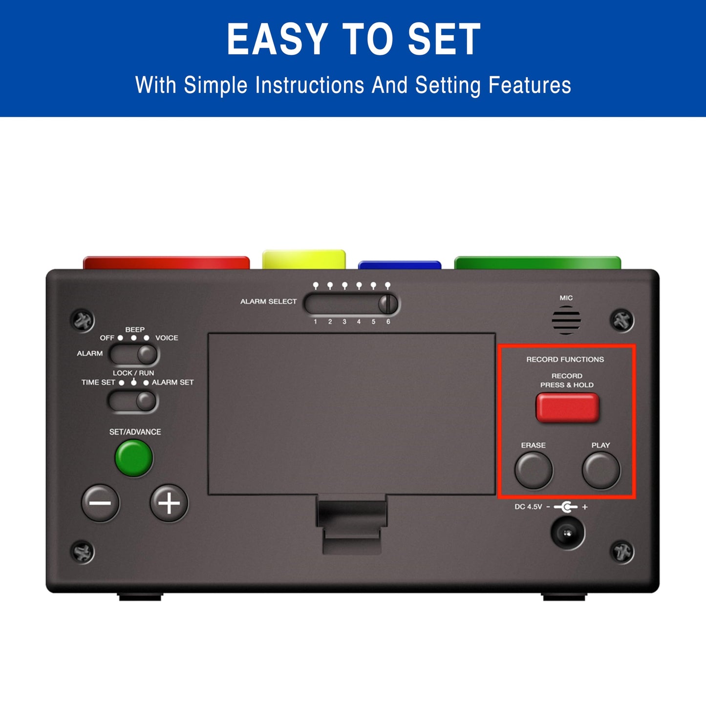 MEDCENTER Your Minder Voice Record and Alarm Replay Reminder Clock with Loud, Easy Set, Multiple Alarms, Recordable Talking Alarm Clock for Medication Reminders, Gift for Mom, Dad, Elderly, & Seniors