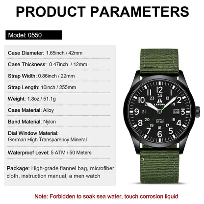 LN LENQIN Mens Watches Unisex Military Sport Nylon Strap Stylish Luminous Fashion Analog Quartz Watch for Men Waterproof Army Tactical Casual Wristwatch