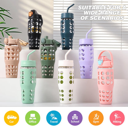 MUKOKO 32 oz Glass Tumbler with Straw,Glass Water Bottles with Time Marker,Iced Coffee Cup with 2 Lids-Handle Spout Lid&Straw Lid,Silicone Sleeve,Leakproof,1 Pack-Purple