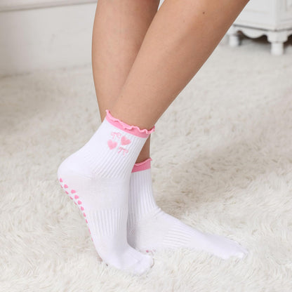 Puedizux Women Cute Pilates Socks Grip Crew Yoga Socks Ruffle Cuff Embroidery Pattern Workout Ballet Socks
