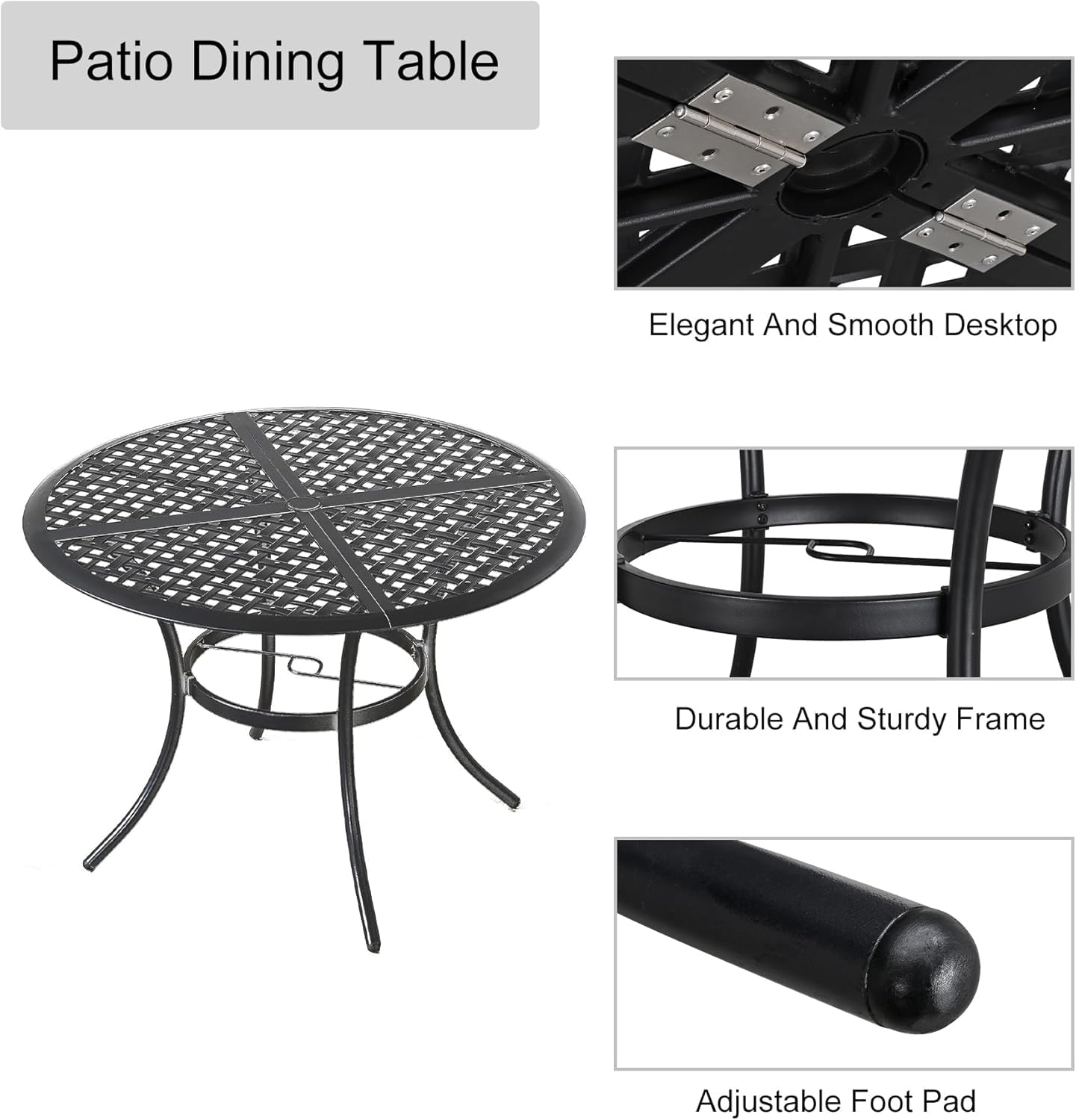 LOKATSE HOME 42.1" Outdoor Patio Round Dining Table with Umbrella Hole, Steel Frame for Backyard Lawn Balcony Deck