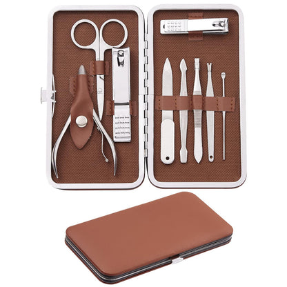 Manicure Set, FAMILIFE Professional Manicure Kit Nail Kit Mens Grooming Tools Pedicure Tool 9PCS Gifts for Men Boyfriend Stainless Steel Nail Clipper Set Leather Case Brown