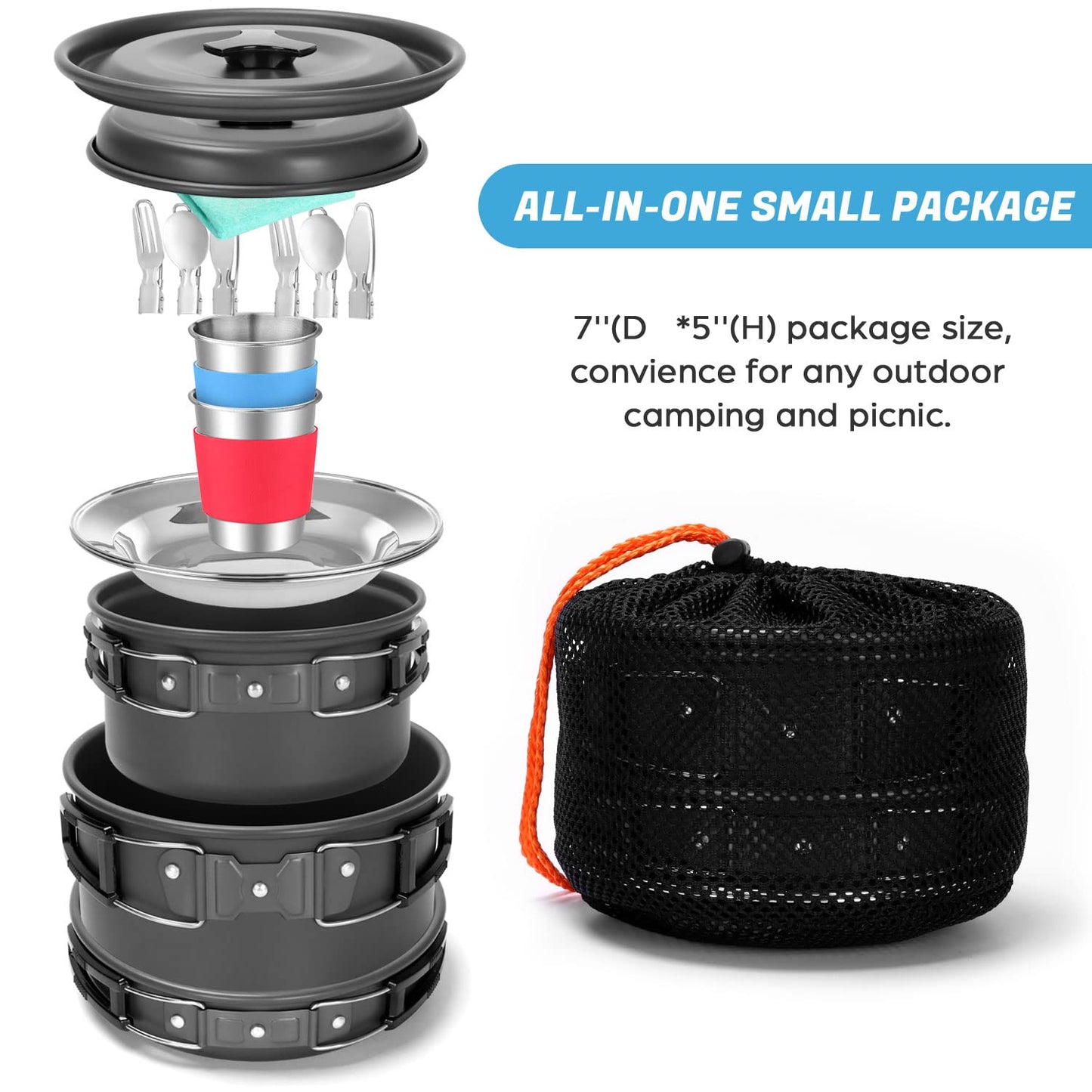 Odoland 15pcs Camping Cookware Mess Kit, Non-Stick Lightweight Pots Pan Set with Stainless Steel Cups Plates Forks Knives Spoons for Camping, Backpacking, Outdoor Cooking and Picnic