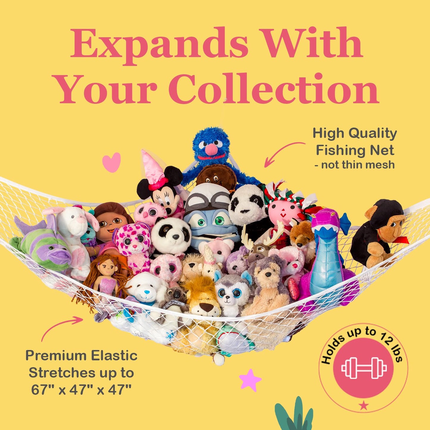 Lilly's Love Stuffed Animal Hammock, 2 Pack | Corner Hanging Organizer, Toy Storage, Stuffed Animal Storage | Easy to Hang Plushie Net w/Anchors & Hooks | Cute Room, Bedroom & Home Decor (White)