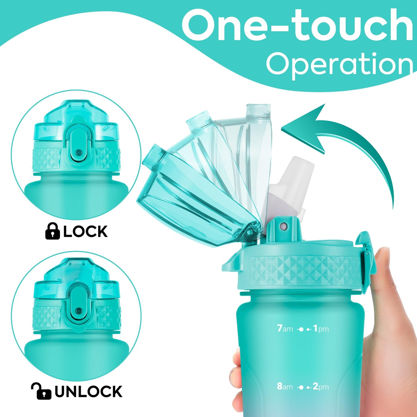 OLDLEY Kids Water Bottle with Straw 15 oz BPA-Free Leak-Proof Motivational Water Bottles with Time Marker for School Sports Travel Gym, Easy to Use for Girls Goys, 1 Straw Lid, Mint Purple