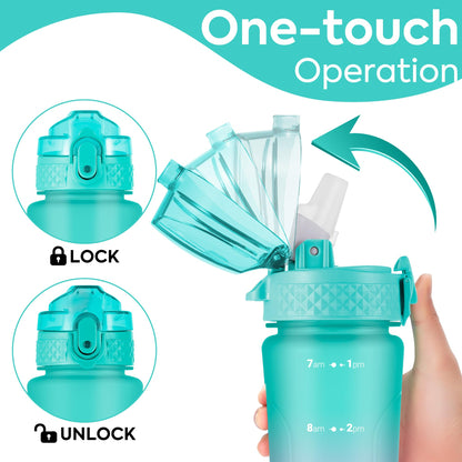 OLDLEY Kids Water Bottle with Straw 15 oz BPA-Free Leak-Proof Motivational Water Bottles with Time Marker for School Sports Travel Gym, Easy to Use for Girls Goys, 1 Straw Lid, Mint Purple