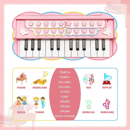Love&Mini Piano Keyboard Toy for Girls - 24 Keys Toddler Music Toy Instrument with Microphone, Pink Piano Toy for 1 2 3 Years Old Girls Birthday Gift