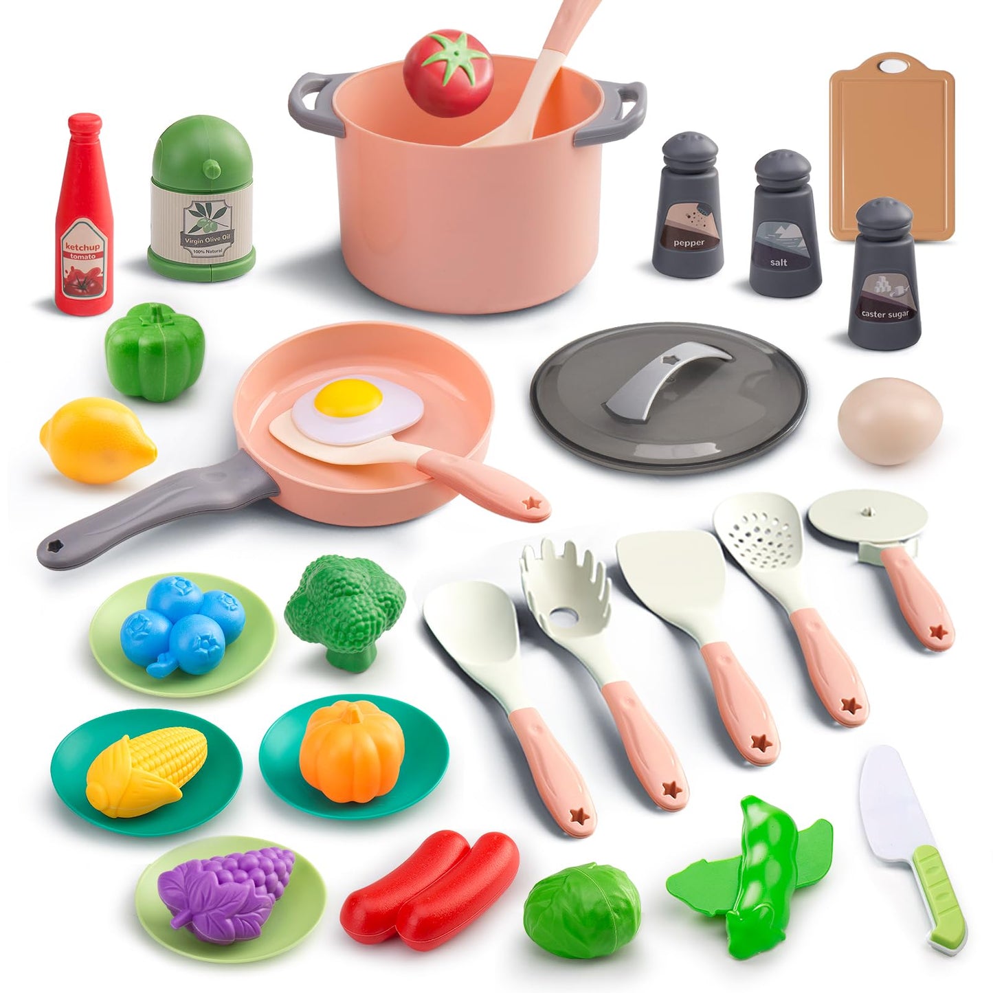 35Pcs Kids Kitchen Toy Accessories, Toddler Pretend Cooking Playset with Play Pots, Pans, Utensils, Cookware, Play Food Set, Toy Vegetables, Learning Gift for Girls & Boys (Pink)
