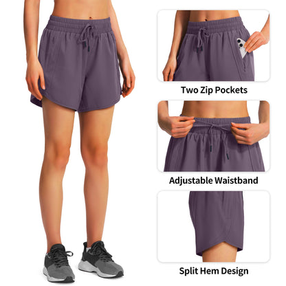 Ksmien Women's 5" Athletic Running Shorts Quick Dry Lightweight Workout Gym Shorts with Zipper Pockets UPF 50+ Grey Purple