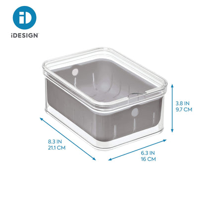 iDesign Recycled Plastic Crisp Produce Storage Containers with Lid and Colander Basket Designed to Keep Food Fresh Longer, 8.32” x 6.32” x 3.76”, Clear/Gray