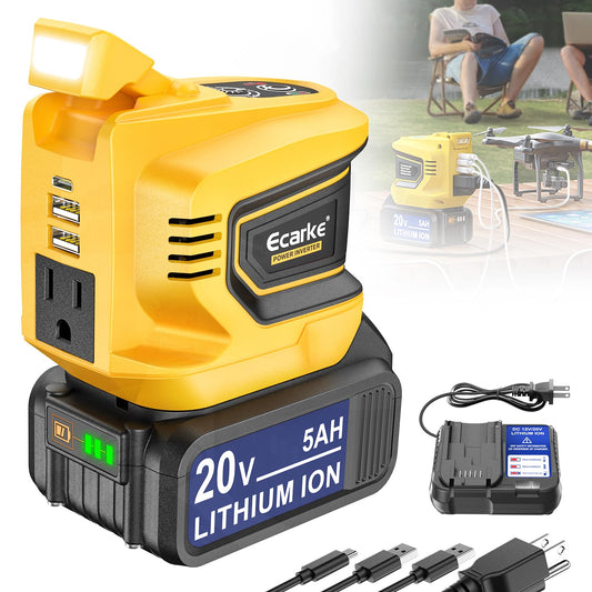 Power Inverter 200W Portable Power Station Generator Compatible with DeWALT, Ecarke Supply Charger Adapter with Dual USB,AC Outlet and Type-C with 5Ah Battery & Charger Station Kit