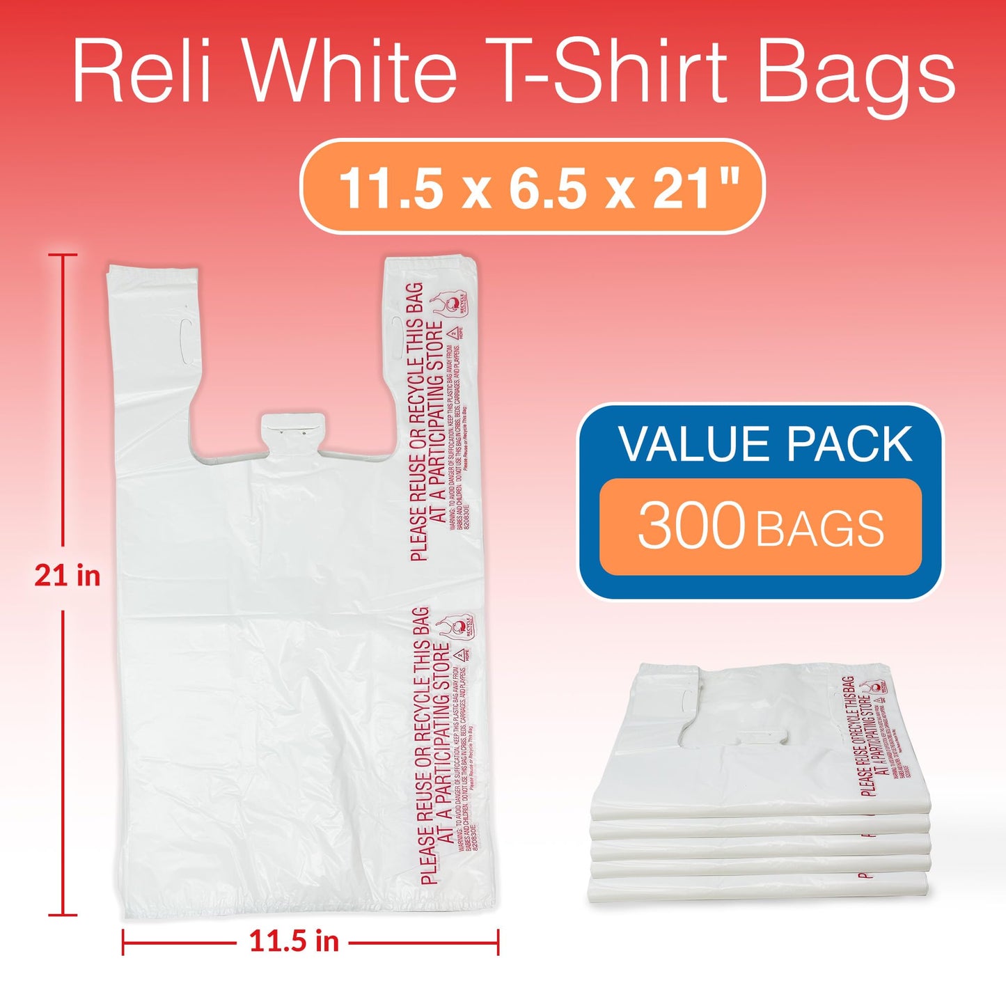 Reli. T-Shirt Bags (300 Count) Plastic Bags - Bulk Grocery & Shopping - White T-Shirt Sacks in Bulk (11.5" x 6.5" x 21")