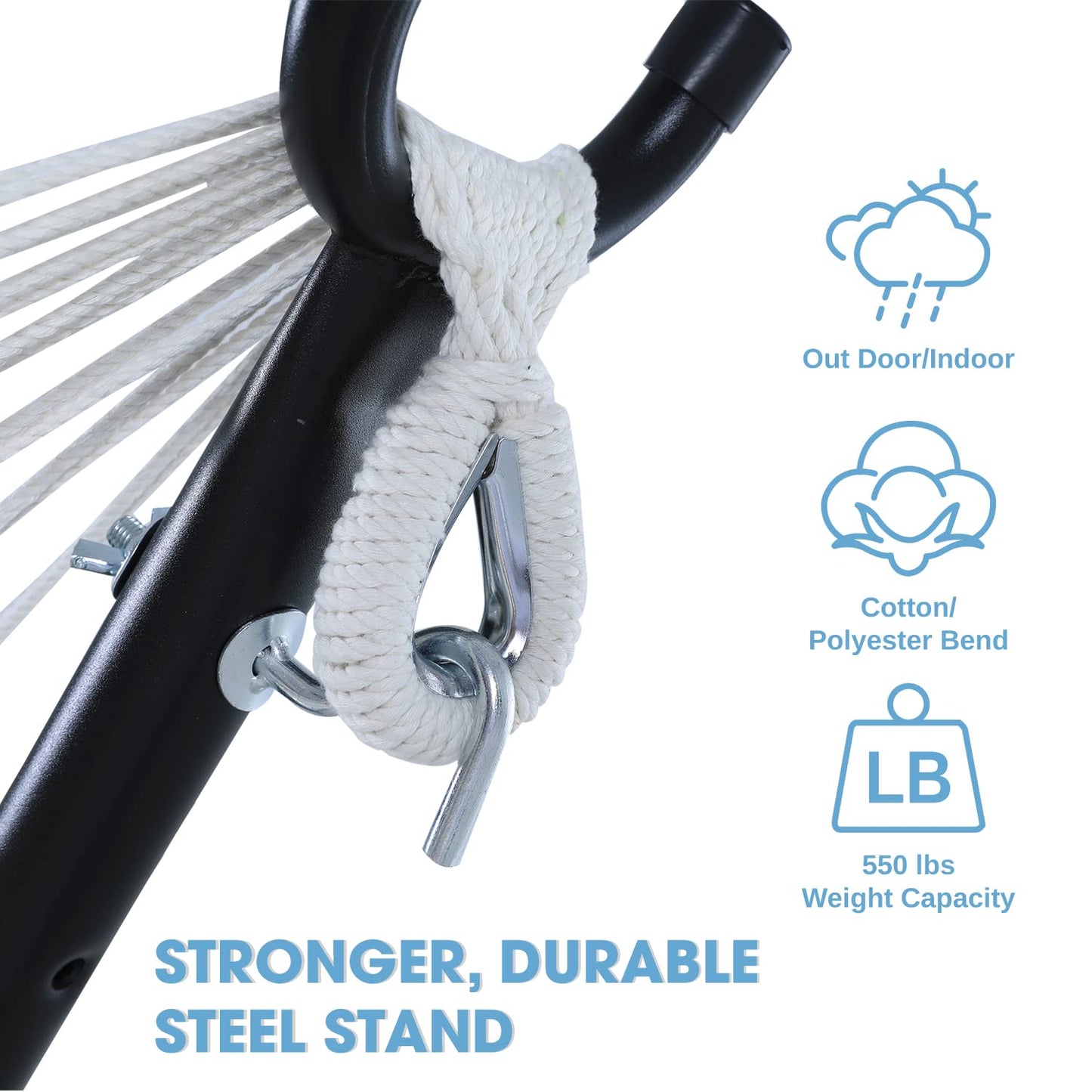 OUTDOOR WIND 550lbs Capacity Double Hammock Adjustable Hammock Bed with 10ft Heavy Duty Steel Stand Includes Portable Carrying Case, Easy Set up Blue Pinstrip B