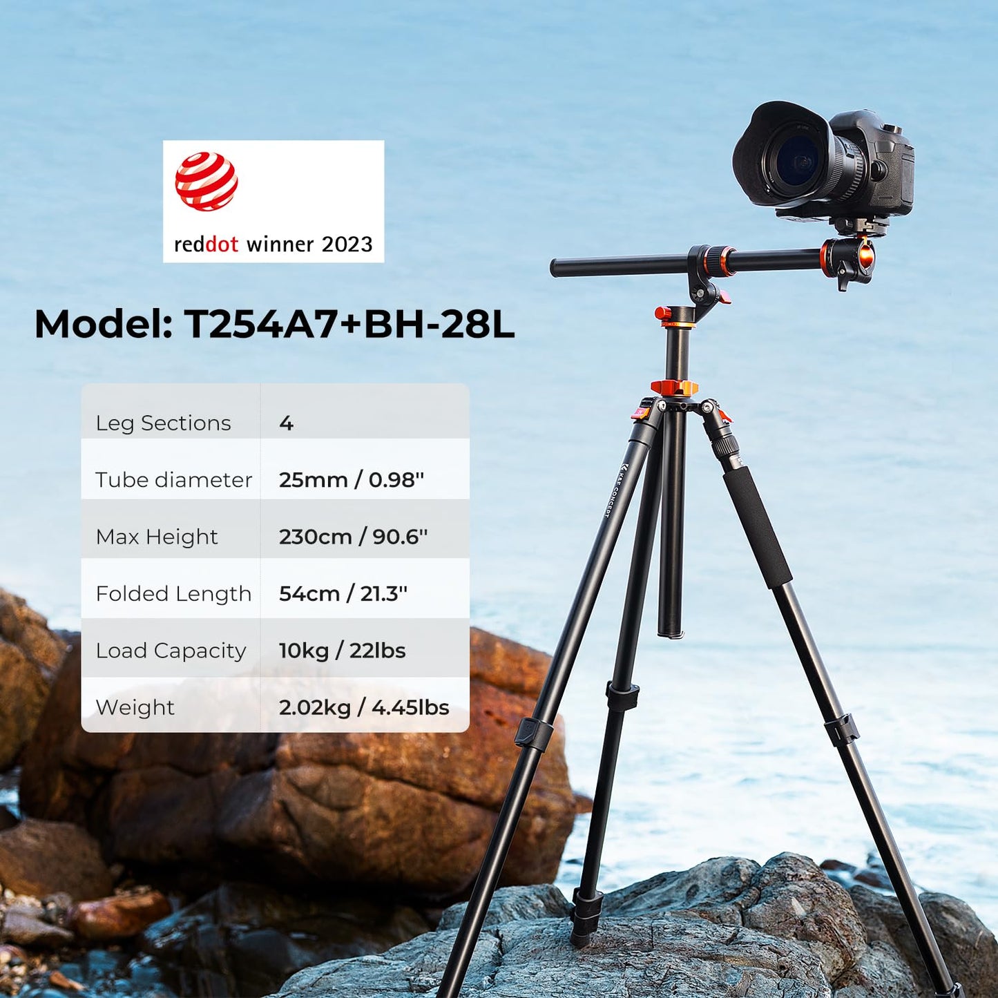 K&F Concept 90 inch/230cm Ultra High Camera Tripod,Horizontal Overhead Shooting Travel Tripods with Metal Ball Head 10KG Load Capacity,Detachable Monopod, for Indoor and Outdoor Use T254A7+BH-28L