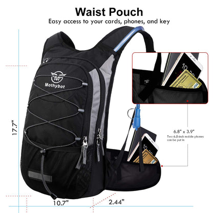 Mothybot Insulated Hydration Backpack Pack with 3L BPA Free Leak Proof Water Bladder, Large Storage Lightweight Hiking Daypack with Waist Pouches & Cooler Layer, for Running, Biking, Camping, Festival