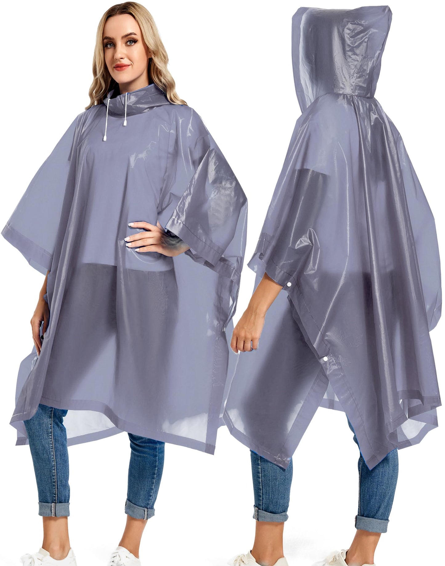 Borogo 2 Pack Rain Ponchos for Adults Reusable - Raincoats Survival Emergency Heavy Duty Rain Coat with Drawstring Hood White&Grey