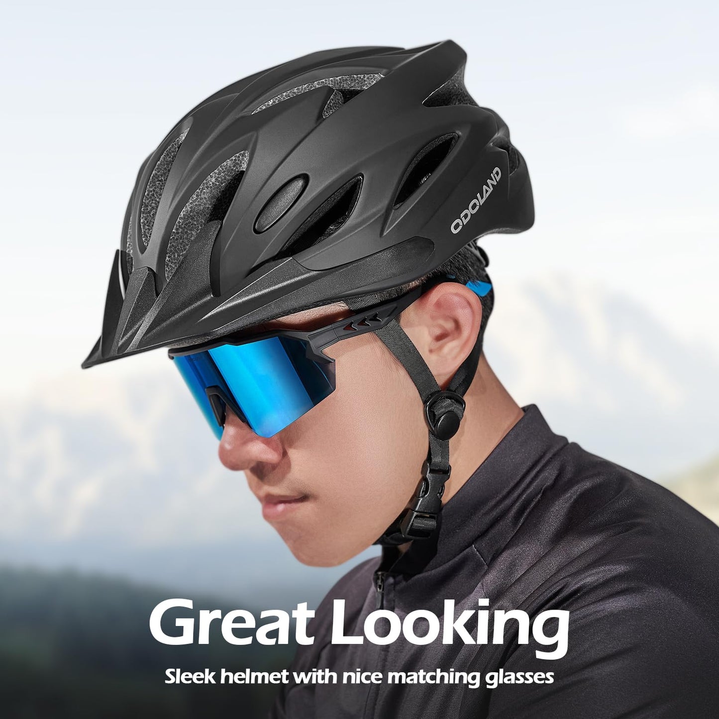 Odoland Bike Helmet with Cycling Sunglasses, Adjustable Size Adult Cycling Helmets for Men Women Road Bike Mountain Ebike, Matte Black