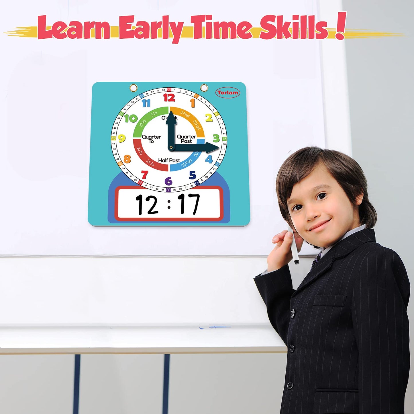 Magnetic Writable Dry Erase Learning Clock | Clock for Kids Learning to Tell Time | Large 12" Demonstration Teaching Time Practice Clock with Dry Erase Writing Surface | Pen Included | (Light Blue)