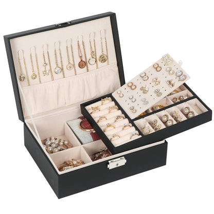 Jewelry Box for Women Girls, 2 Layers Jewelry Organizer Container with Lock, PU Leather Storage Case with Removable Tray, Jewelry Display Box for Necklaces Earrings Bracelets Rings Watches - Black