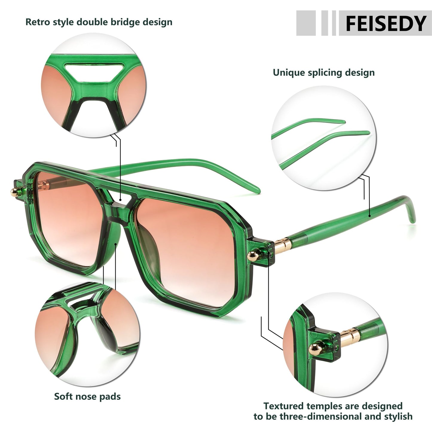 FEISEDY Vintage Square 70s Flat Aviator Sunglasses Women Men Classic Retro Stylish Frame UV400 Sunglasses B2622