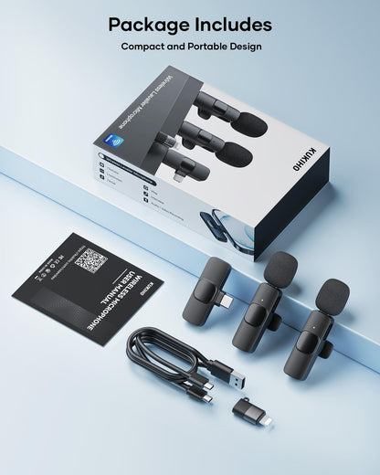 2 Pack Wireless Lavalier Microphone for iPhone iPad and Android Phone, Lapel Mic Plug and Play Wireless Mic Noise Reduction Mini Microphone for Video Recording Interview Podcast Vlog YouTube Tiktok