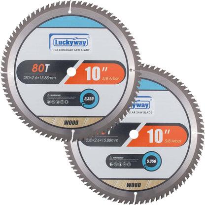 Luckyway 10 Inch Table Saw Blade, Miter Saw Blade 2-Pack, 80T Fine Finish Professional Woodworking with 5/8 Inch Arbor TCT Saw Blade for Table Saw and Miter Saw