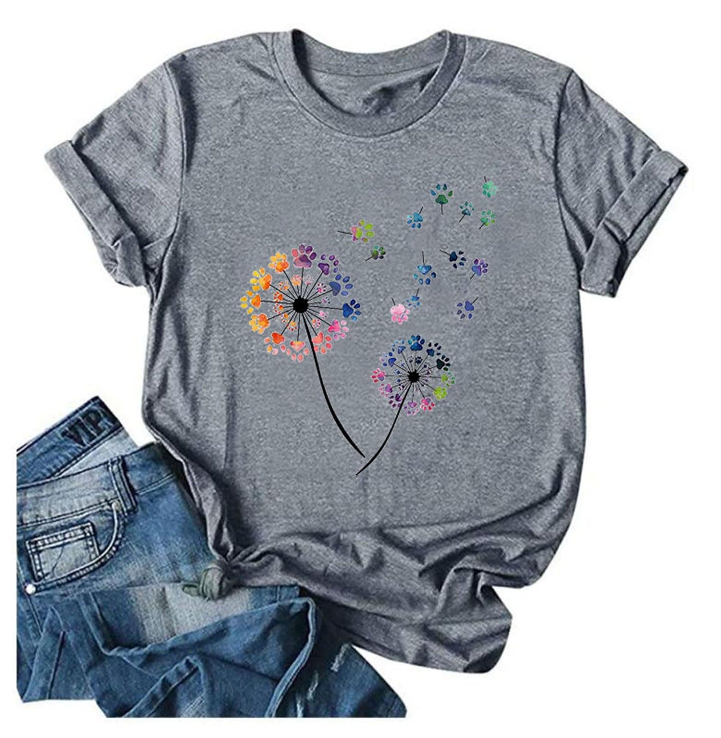 Anbech Womens Dandelion Graphic Cotton Tshirts Loose Fit Cute Paw Print Casual Tee Tops (Grey, L)
