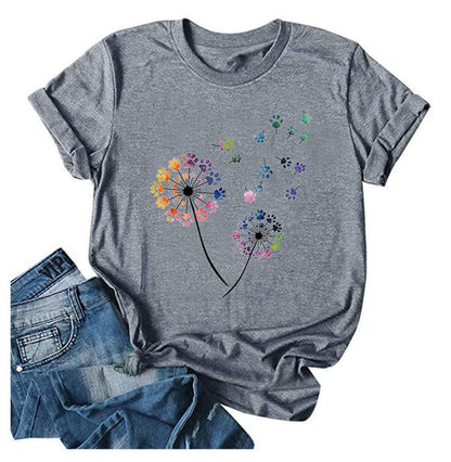 Anbech Womens Dandelion Graphic Cotton Tshirts Loose Fit Cute Paw Print Casual Tee Tops (Grey, L)