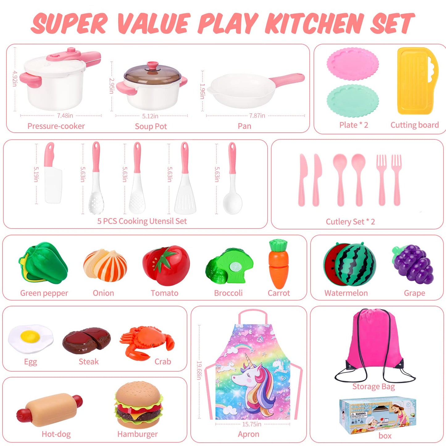 Meaicezli Kids Play Kitchen Accessories Set, Pretend Kids Pots and Pans Playset Toddler Cooking Set Play Kitchen Toys with Fake Play Food Dishes Utensils for Girls Boys Ages 1 2 3 4 5 6 7 8, Pink