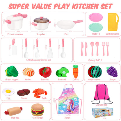 Meaicezli Kids Play Kitchen Accessories Set, Pretend Kids Pots and Pans Playset Toddler Cooking Set Play Kitchen Toys with Fake Play Food Dishes Utensils for Girls Boys Ages 1 2 3 4 5 6 7 8, Pink