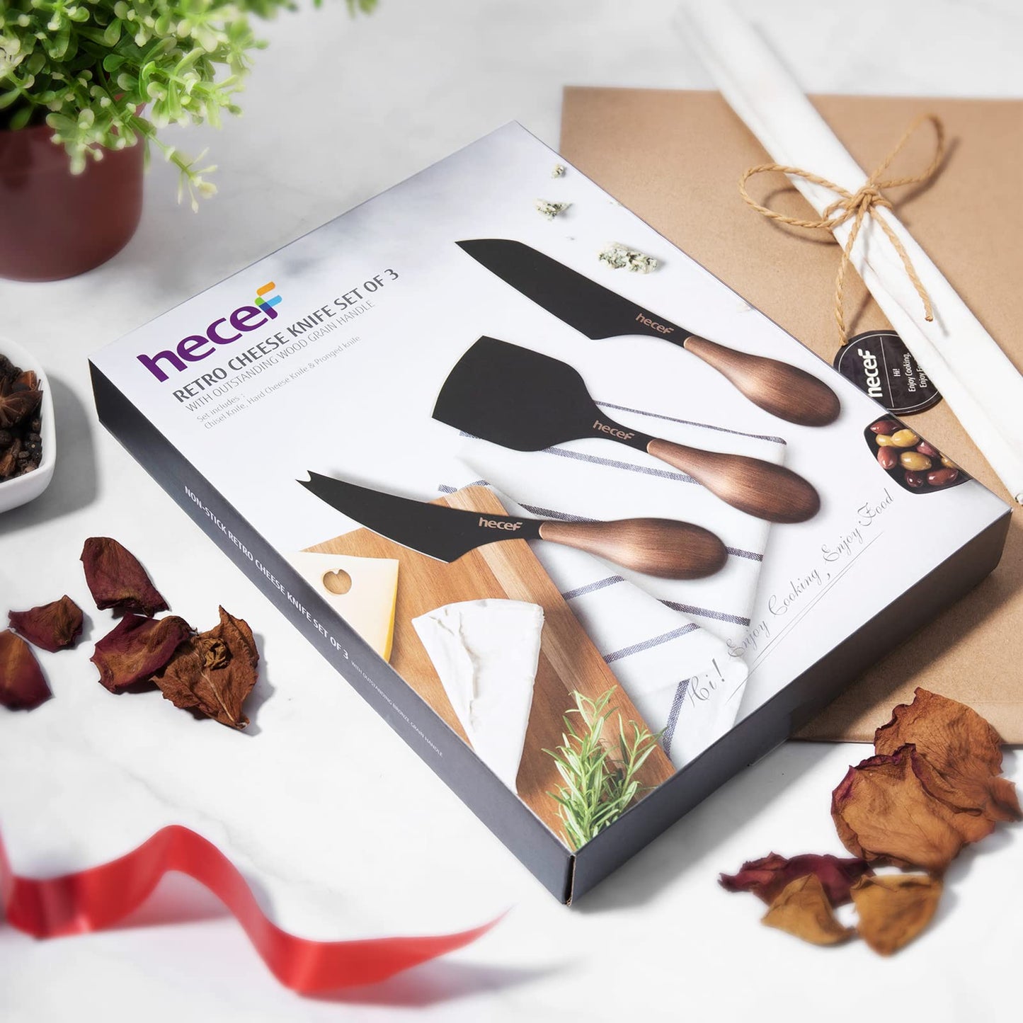 hecef Cheese Knife Set of 3, Bronze Grain Multipurpose Retro Cheese Knives, Set includes Pronged, Hard Cheese & Chisel Knife, Black