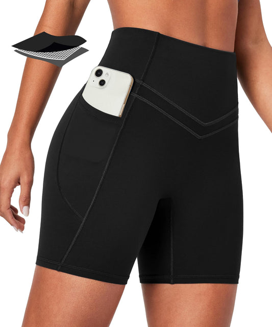 IUGA Compression Biker Shorts Women Tummy Control with Pockets Workout Gym Shorts High Waisted Yoga Running Shorts Spandex Black