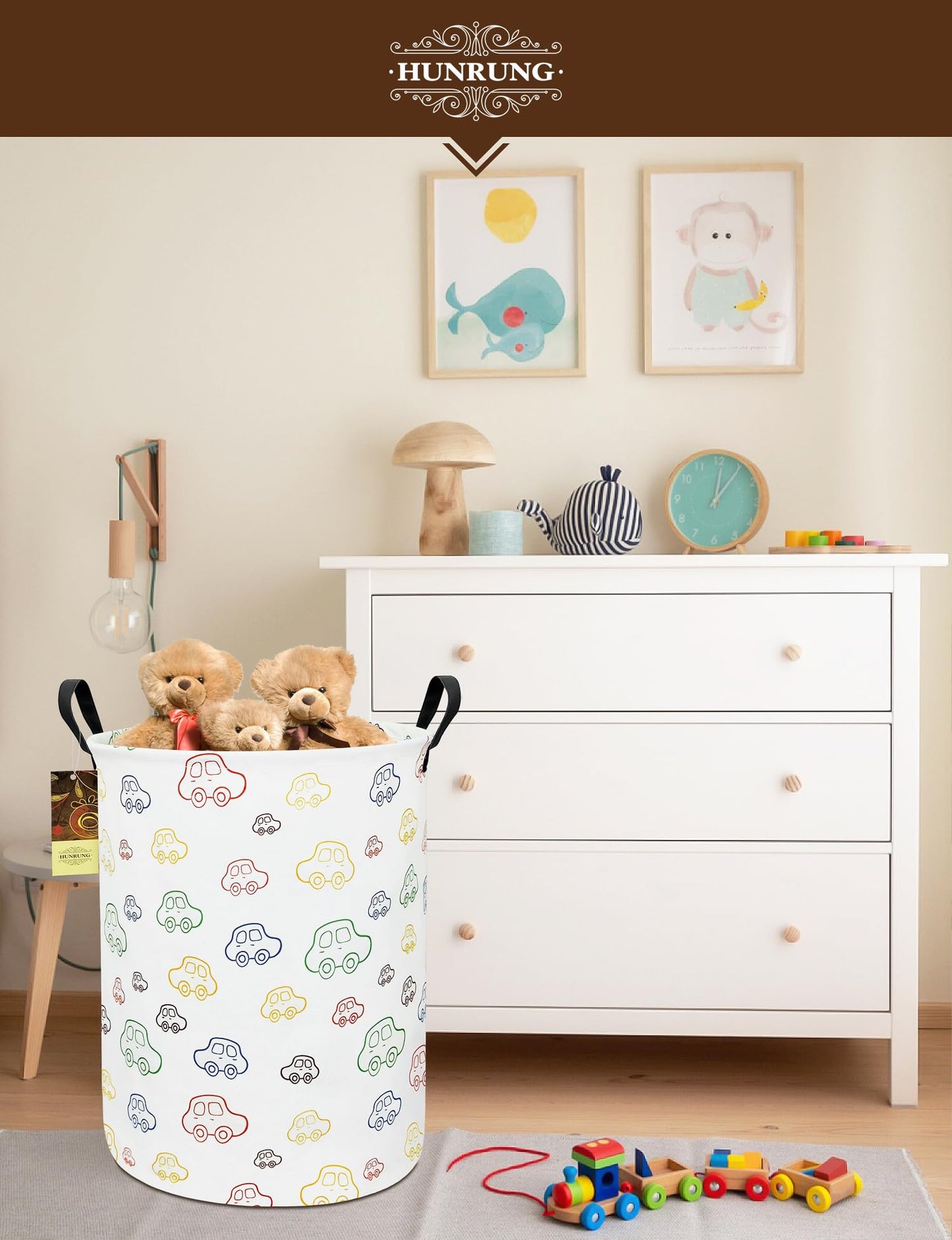 HUNRUNG Laundry Hamper,Large Canvas Fabric Lightweight Storage Basket Toy Organizer Dirty Clothes Collapsible Waterproof for College Dorms（Round-Car）