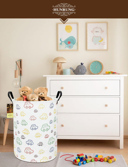 HUNRUNG Laundry Hamper,Large Canvas Fabric Lightweight Storage Basket Toy Organizer Dirty Clothes Collapsible Waterproof for College Dorms（Round-Car）