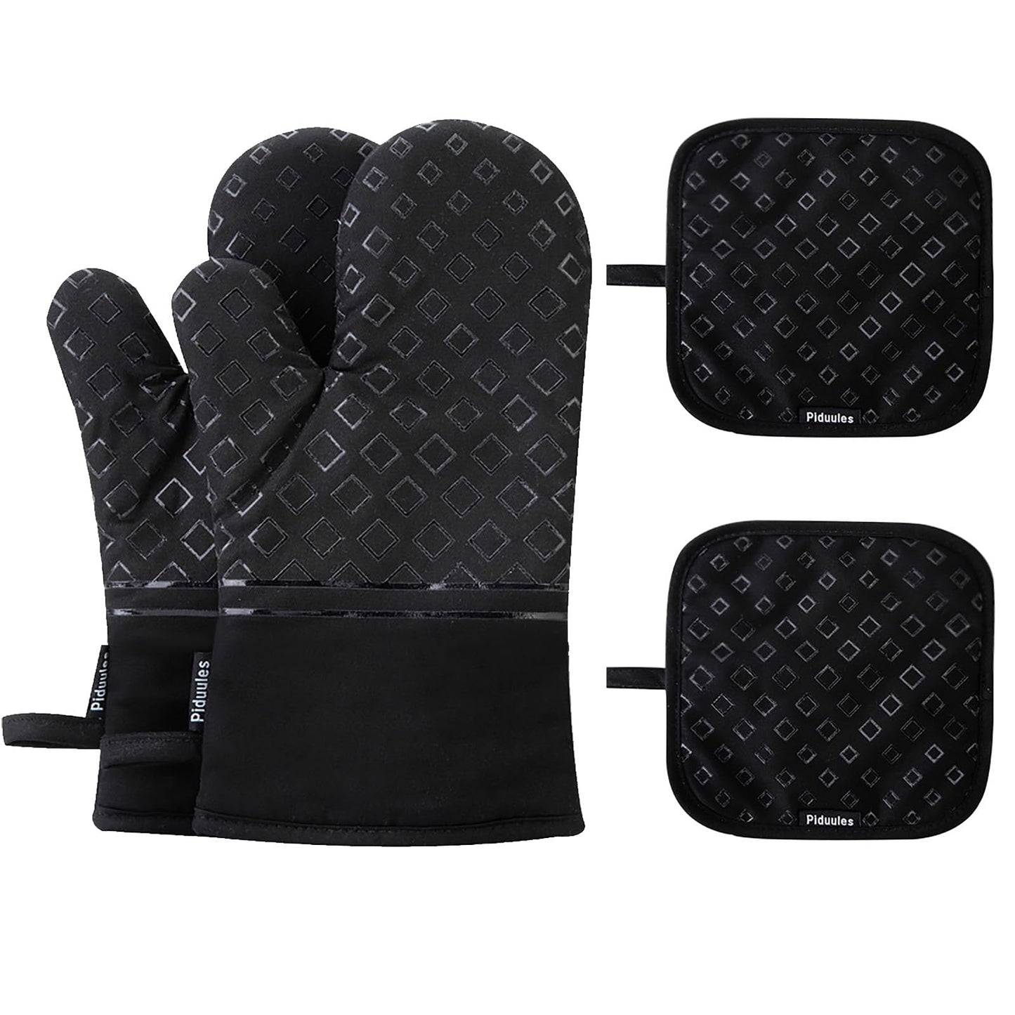 Piduules Set of 4 Oven Mitts and Pot Holders, 482 F Heat Resistant Hot Plate Moving Non-Slip Gloves for BBQ, Grill, Baking, Cooking, Oven, Microwave (Black)