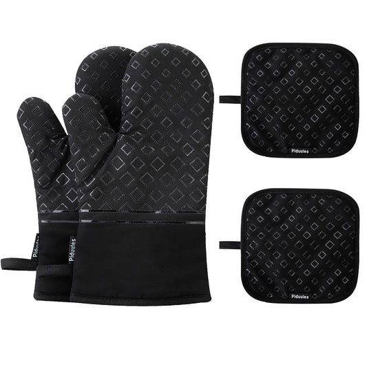 Piduules Set of 4 Oven Mitts and Pot Holders, 482 F Heat Resistant Hot Plate Moving Non-Slip Gloves for BBQ, Grill, Baking, Cooking, Oven, Microwave (Black)