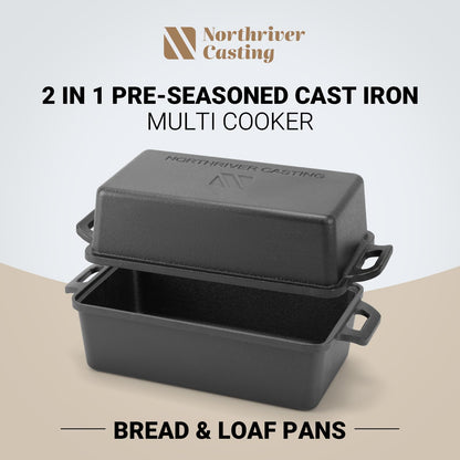 9×5 Inch Cast Iron Loaf Pan with Lid | Bread Baking Pans | Even Heat Distribution for Homemade Bread, Cake, Meatloaf, 2 Piece Set