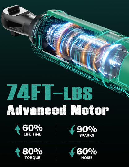 KIMO 20V Cordless Ratchet Wrench 3/8 Set, 74 Ft-lbs 400 RPM Electric Ratchet Wrench, Battery Powered Ratchet with 7 Sockets, 3" Extension Bar, 1/4" Adapter, 2-Pack Lithium-Ion Batteries, Fast Charger