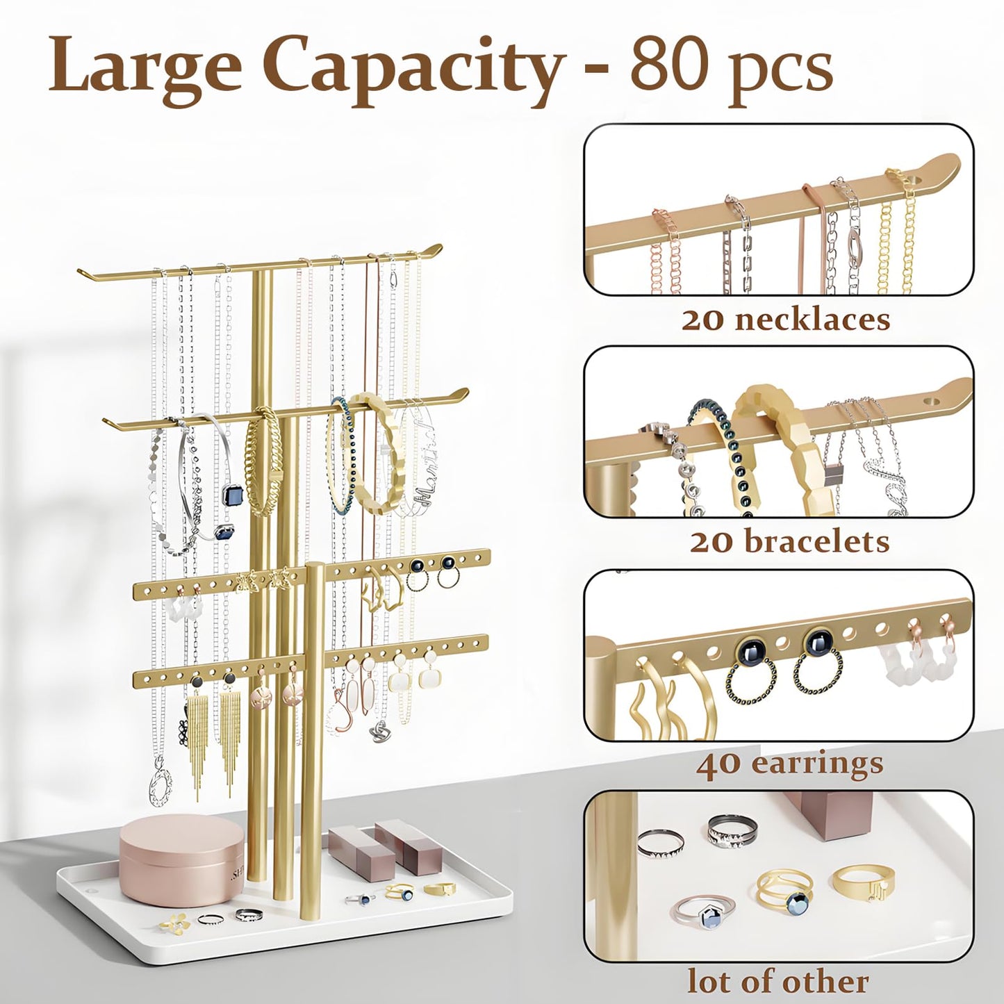 Jewelry Holder Organizer, 12.5'' Tall Sturdy Metal Stand, 3-Tier Jewelry Hanger for Necklace, Earring, Bracelet, Ring, for Display and Storage, Aesthetic Room Decor, Gold Jewlery Tree with White Tray