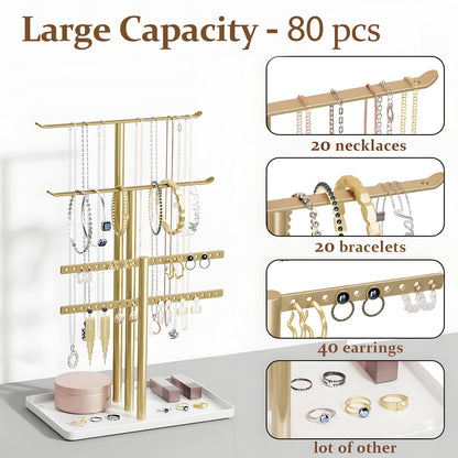Jewelry Holder Organizer, 12.5'' Tall Sturdy Metal Stand, 3-Tier Jewelry Hanger for Necklace, Earring, Bracelet, Ring, for Display and Storage, Aesthetic Room Decor, Gold Jewlery Tree with White Tray