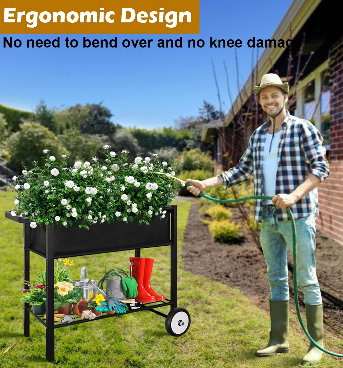 Koutemie Outdoor Raised Planter Bed Box with Legs for Gardening, Elevated DIY Garden Cart on Wheels for Vegetables Flower Tomato Herb Plant, Black