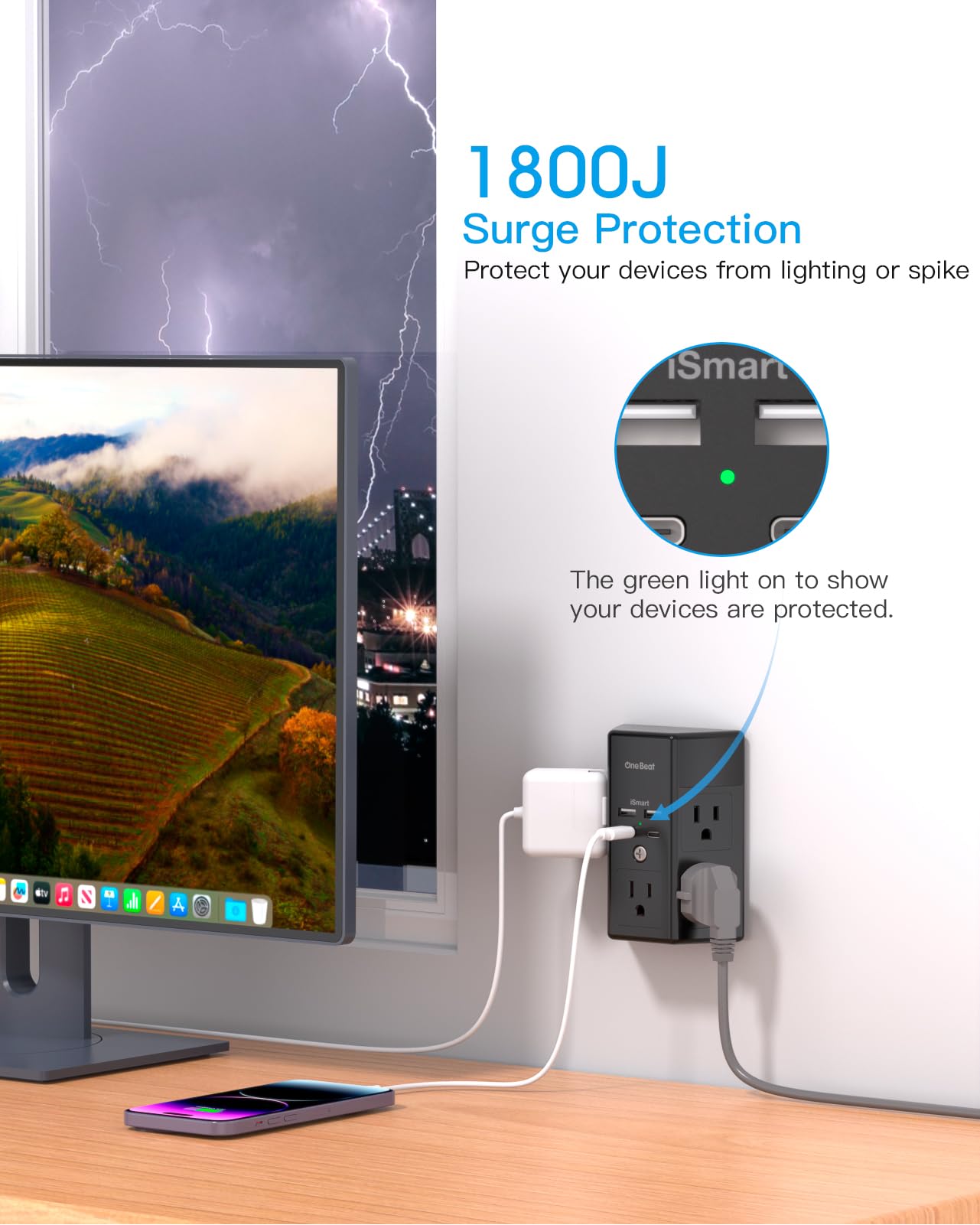 2 Pack Multi Plug Outlet, Surge Protector, 5 Outlet Extender with 4 USB Charging Ports (2 USB C), USB Wall Charger, 3-Sided 1800J Power Strip Outlets Splitter Wall Plug Adapter Spaced for Home,Black