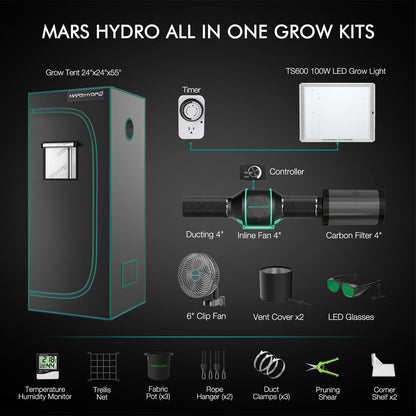 MARS HYDRO 2x2 Grow Tent Kit Complete System with 10 Speed Clip Fan,100W TS600 LED Full Spectrum Grow Light,24"x24"x55" 1680D High Reflective Mylar Grow Tent,4 inch 205 CFM Smart Ventilation System