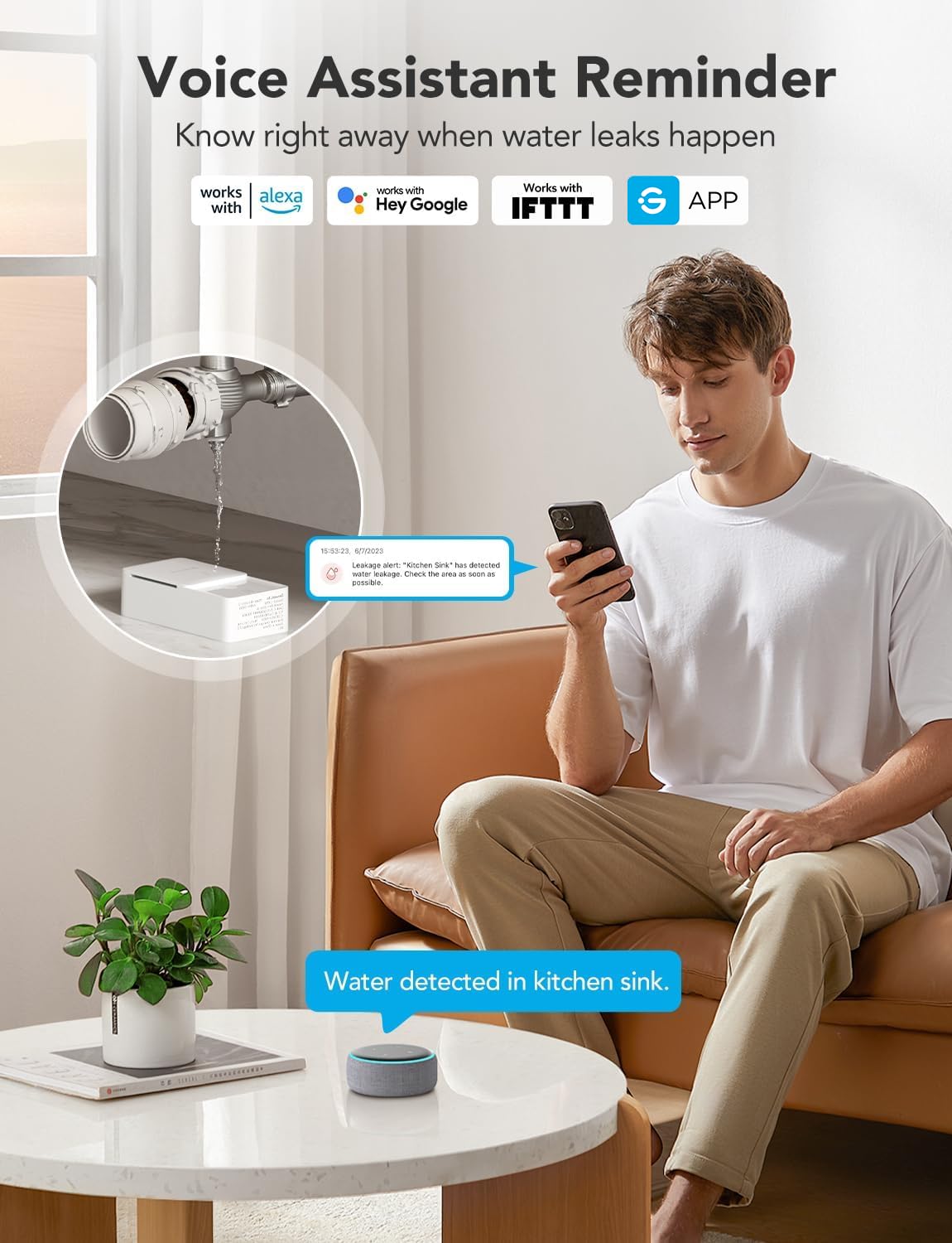 GoveeLife WiFi Water Leak Detector 2 for Home, Smart Water Ieak Sensor 6 Pack with 100dB Adjustable Alarm and App Alerts, LoRa Up to 1968ft Open-Air Transmission Range for Basement, Kitchen, Bathroom