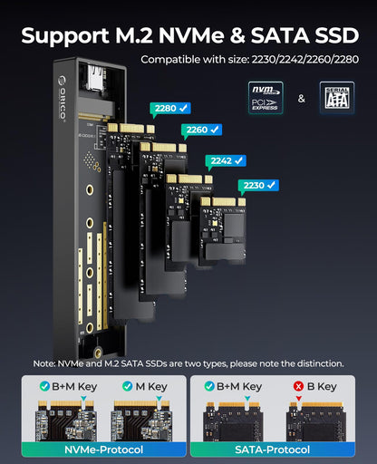 ORICO M.2 NVMe/SATA SSD Enclosure - USB 3.1 Gen 2 (10 Gbps) Support UASP for M.2 NVMe/SSD Size 2230/2242/2260/2280