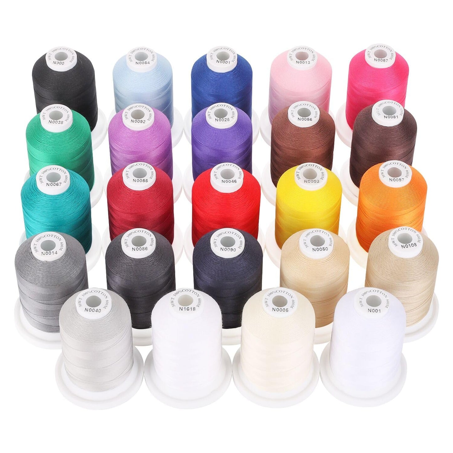 New brothread - 18 Options - Multi-Purpose 100% Mercerized Cotton Threads 50S/3 600M(660Y) Each Spool for Quilting, Serger, Sewing and Embroidery - 24 Basic Colors