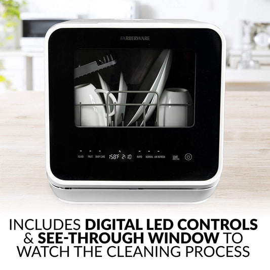 Farberware FDW05ASBWHA Complete Portable Countertop Dishwasher with 5-Liter Built-in Water Tank, 5 Programs, Baby Care, Glass & Fruit Wash, Black/White Original